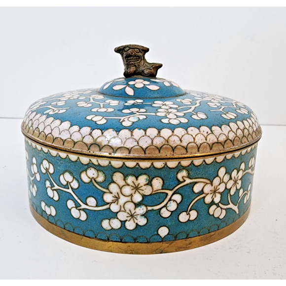 Other - Antique Chinese Cloisonné Round Lidded Box Topped With Dragon or Foo Dog